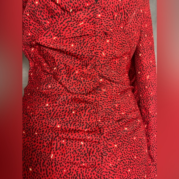 Red animal print Black Lined Cocktail Ruched Long Sleeve Mini Dress - Picture 7 of 8